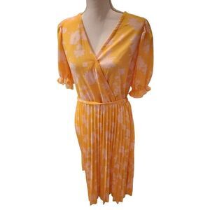 Lark Grey Orange Pink Short Sleeve Accordion Pleats Dress L Casual Surplice Midi